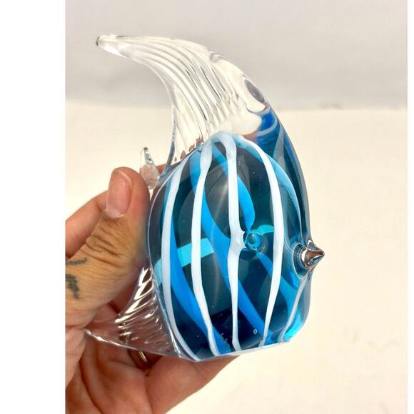 Handblown Art Glass Angelfish Paperweight – Blue & White Striped Figurine - Picture 14 of 16